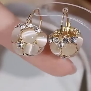 Elegant Gold-Toned Cat's Eye Stone Ball Drop Earrings with Crystal Accents