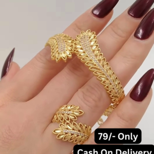 Elegant Gold-Toned Leaf Design Cuff Bracelet and Matching Ring Set with Crystal Accents