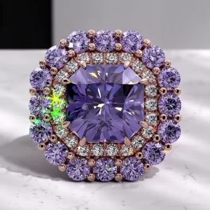 Luxurious Cushion-Cut Purple Sapphire Ring with Double Halo of Diamonds and Sapphires