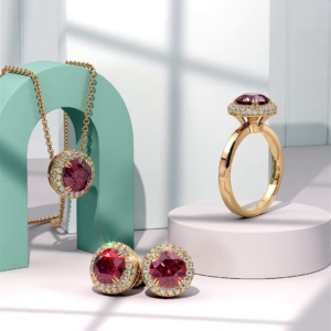 Elegant Ruby and Diamond Jewelry Set: Necklace, Earrings, and Ring in Gold Tone