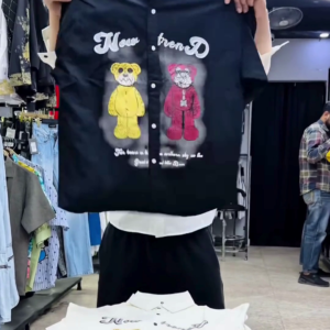 Trendy Cartoon Bear Printed Shirt – Casual Short Sleeve Button-Up for Men and Women