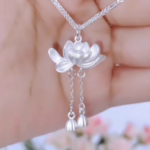 Silver Lotus Pendant Necklace with Tassel Details