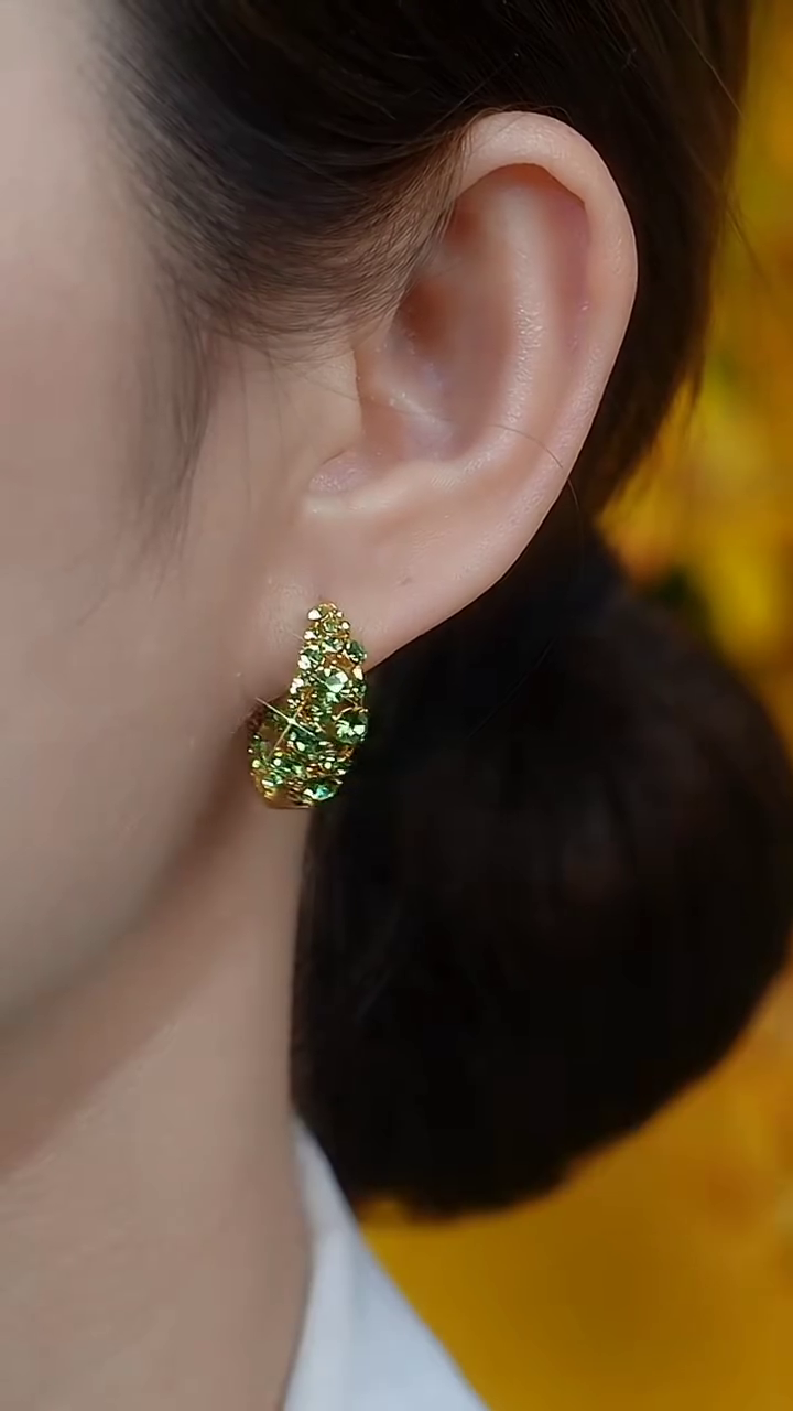 Dazzling Emerald Green Crystal Pave Half-Hoop Earrings in Gold Tone