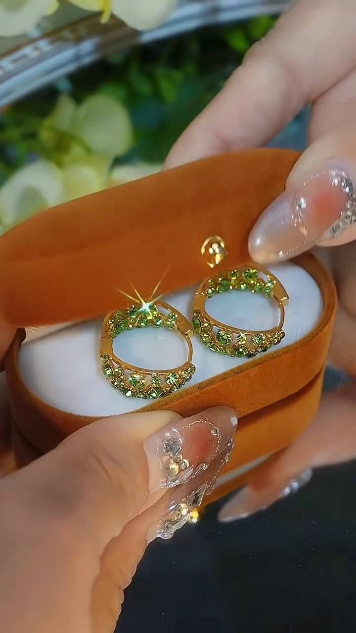 Dazzling Emerald Green Crystal Pave Half-Hoop Earrings in Gold Tone - Image 2