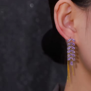 Exquisite Chandelier Style Dangling Earrings with Purple Rhinestones for Women