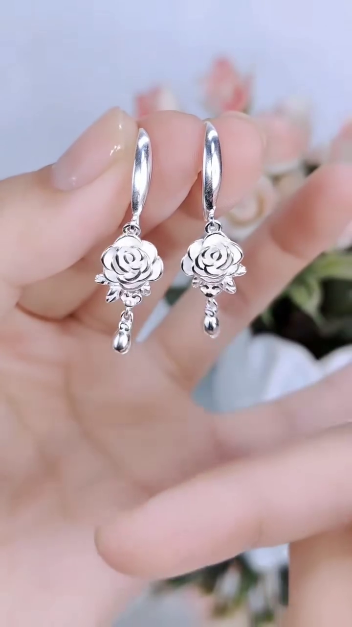 Elegant Sterling Silver Rose Drop Earrings with Delicate Teardrop Accents - Image 2