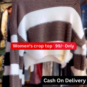 Stylish Women's Chunky Knit Striped Crop Top with Long Sleeves