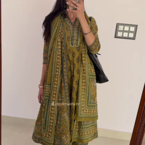 Elegant Women's Olive Green Printed Kurta Palazzo Set with Embellished Neckline and Dupatta