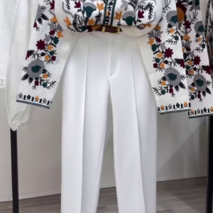 Elegant Women's Embroidered Jacket and High-Waisted White Pants Set
