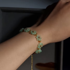 Delicate Light Green Gemstone and Gold-Toned Floral Bracelet for Women