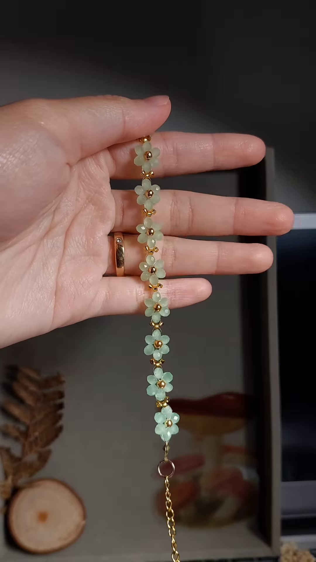 Delicate Light Green Gemstone and Gold-Toned Floral Bracelet for Women - Image 3