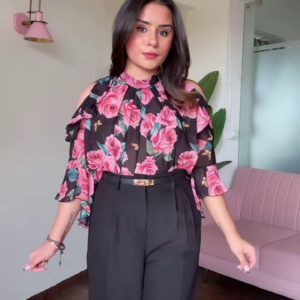 Chic Cold Shoulder Floral Print Blouse with Ruffle Sleeves and High-Waisted Black Pants