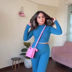 Chic Teal Ribbed Knit Co-ord Set with Cropped Turtleneck and Wide-Leg Pants