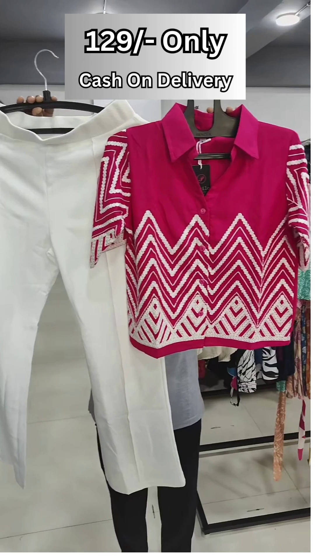 Trendy Women's Olive Green and White Zigzag Embroidered Top with Black Pants Set - Image 4