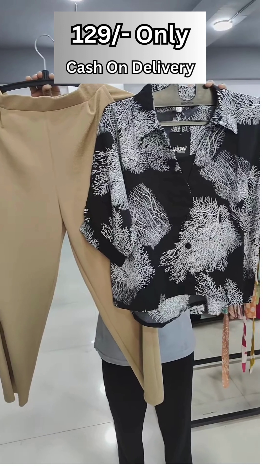 Trendy Women's Olive Green and White Zigzag Embroidered Top with Black Pants Set - Image 5