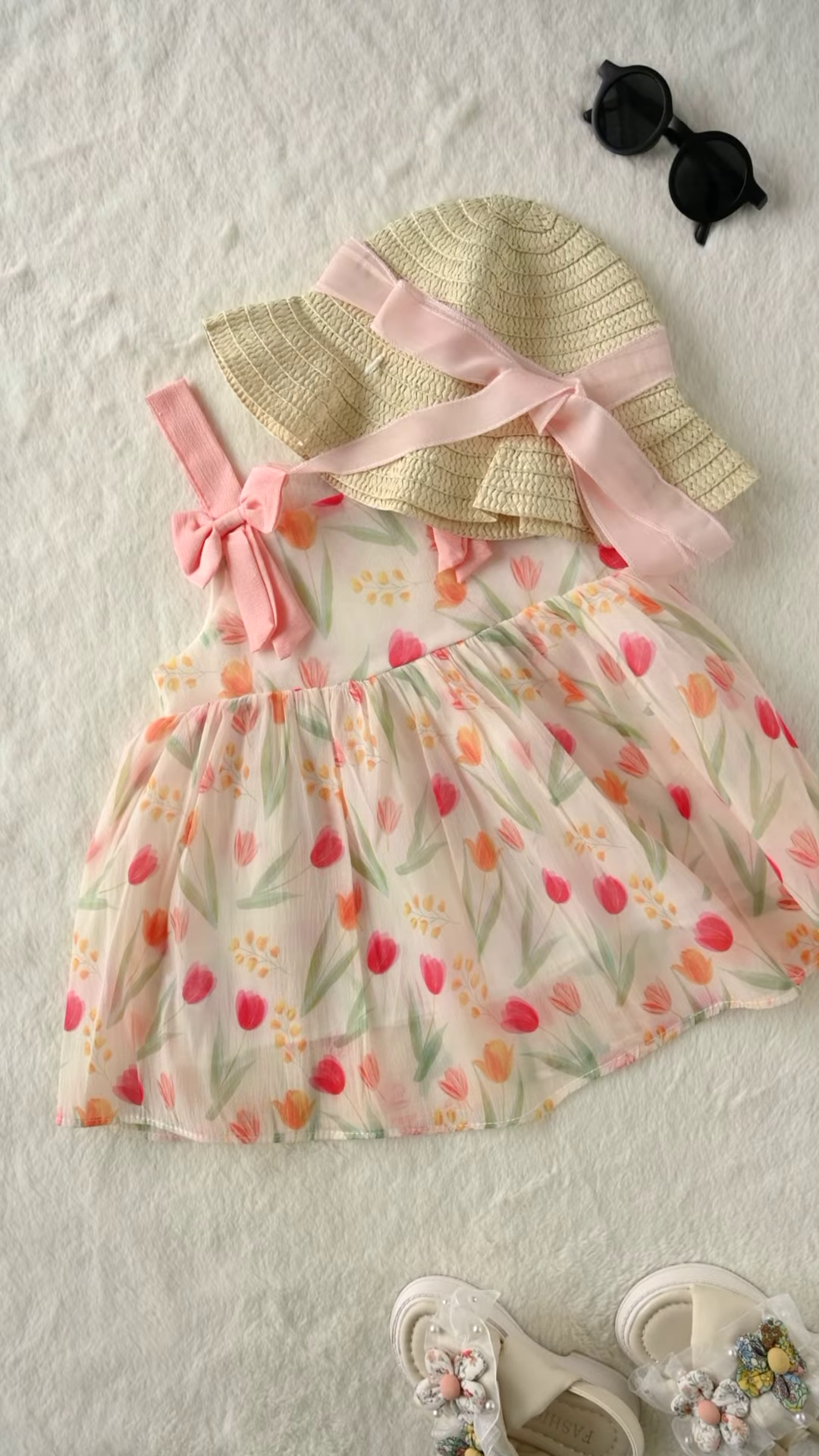 Sweet Baby Girl Summer Outfit Set: Floral Dress, Straw Hat, and Sandals - Image 4