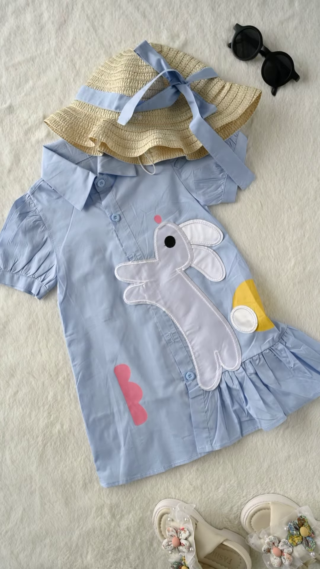 Sweet Baby Girl Summer Outfit Set: Floral Dress, Straw Hat, and Sandals - Image 3