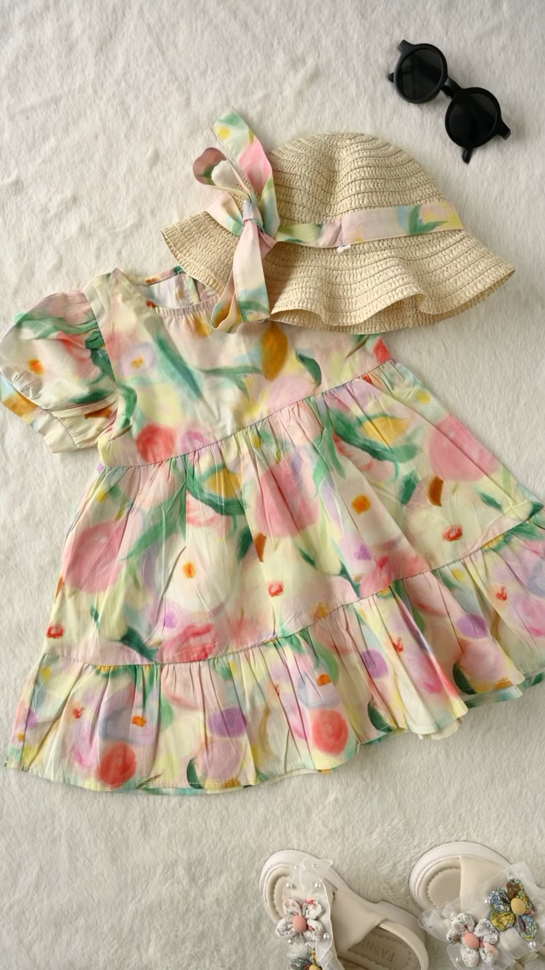 Sweet Baby Girl Summer Outfit Set: Floral Dress, Straw Hat, and Sandals - Image 2