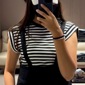 Casual Women's Olive Green Overall Shorts with Striped Tee