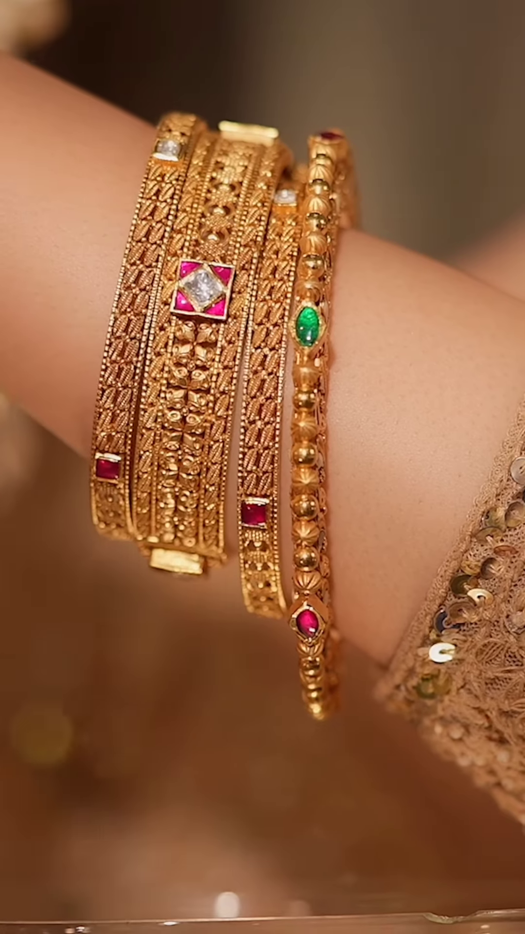 Ornate Gold-Toned Bangle with Kundan, Emerald, and Pearl Detailing - Image 2