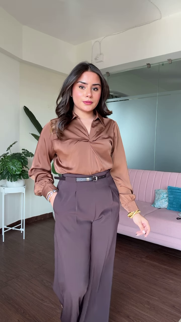 Elegant Satin Blouse with Twisted Front Detail and Long Sleeves