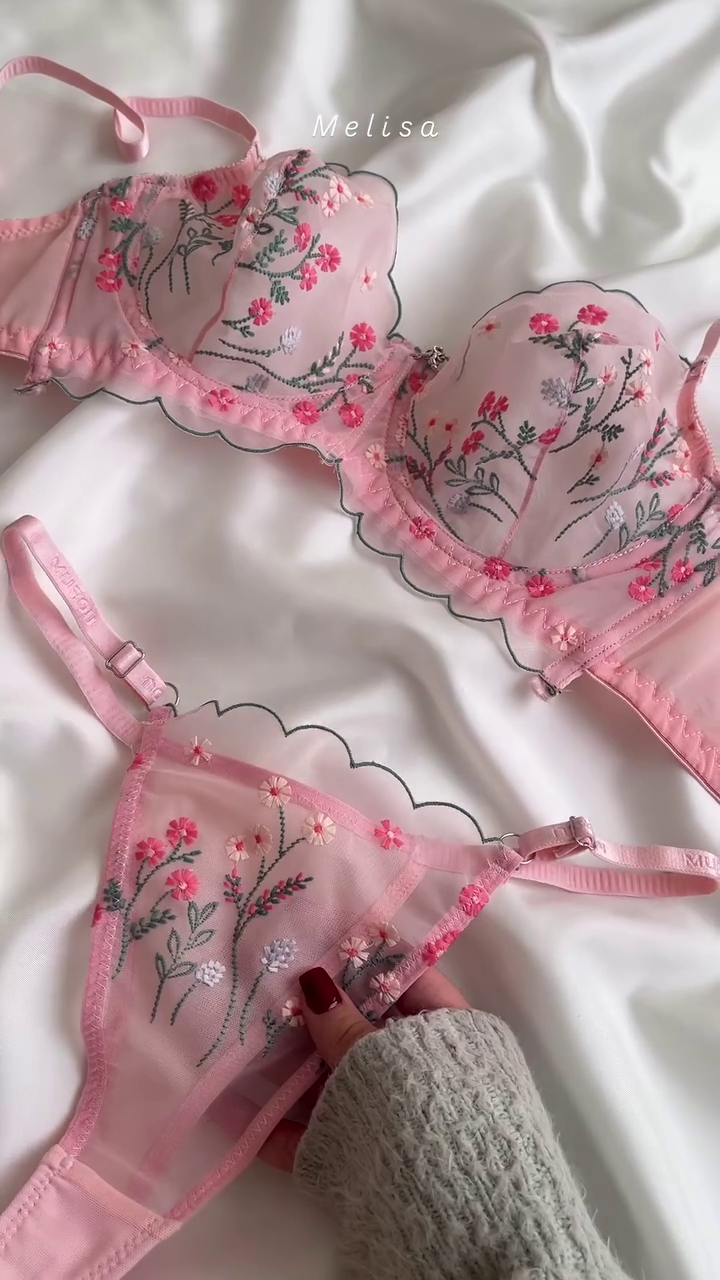 Delicate Pink Floral Embroidered Lingerie Set with Sheer Details