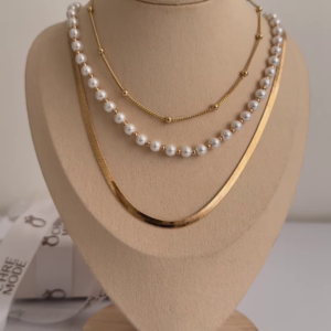 Elegant Layered Gold-Toned Necklace Set with Herringbone Chain and Pearl Strands