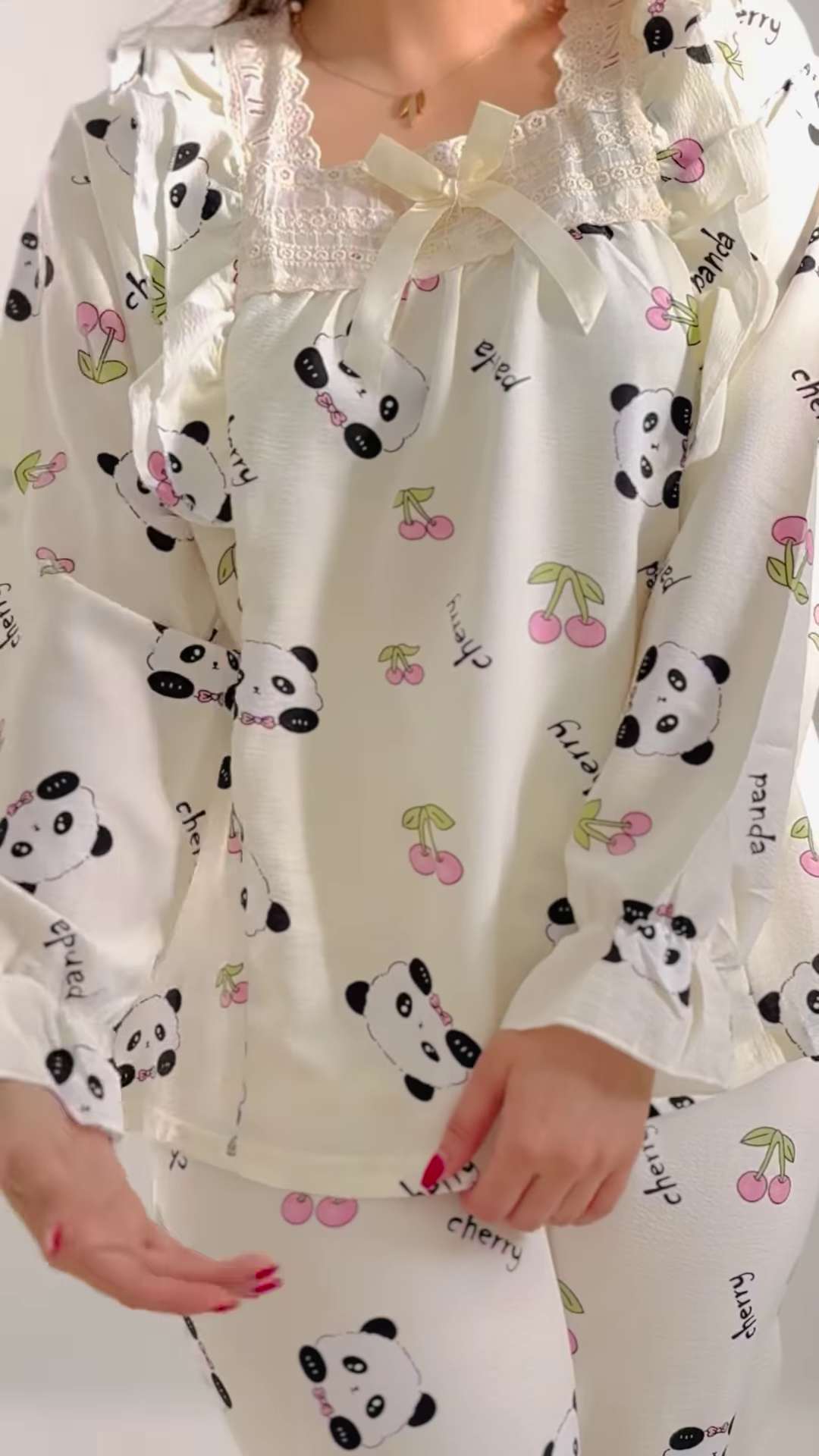 Cozy Long-Sleeved Pajama Set with Cute Prints and Lace Trim - Image 2