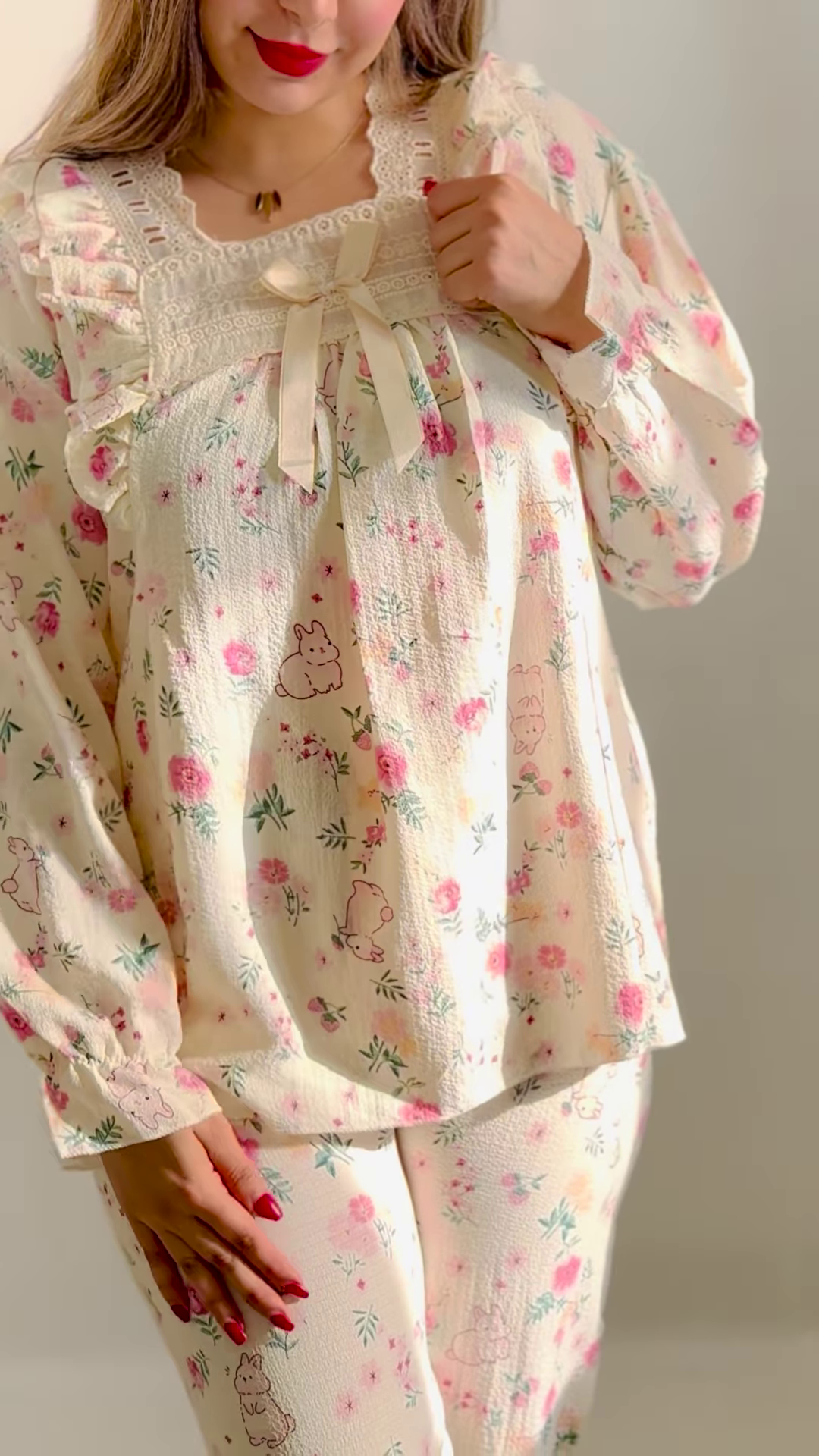 Cozy Long-Sleeved Pajama Set with Cute Prints and Lace Trim - Image 5