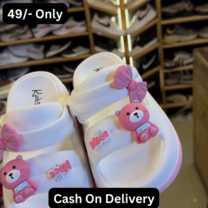 Cute White Kids' Slides with Pink Bear and Bow Accents