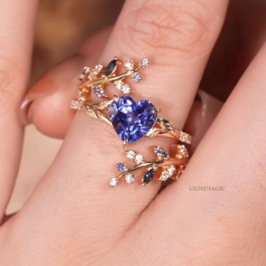 Gemsmagic Aphrodite Ring: Heart-Shaped Tanzanite and Leaf Vine Ring