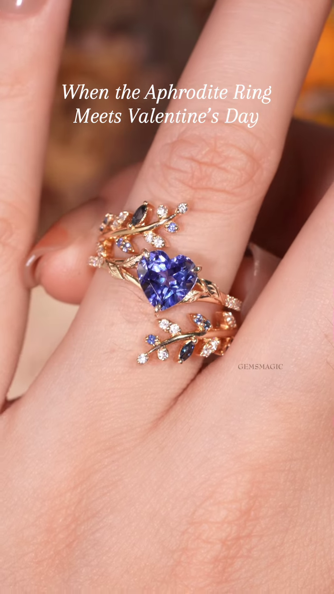 Gemsmagic Aphrodite Ring: Heart-Shaped Tanzanite and Leaf Vine Ring