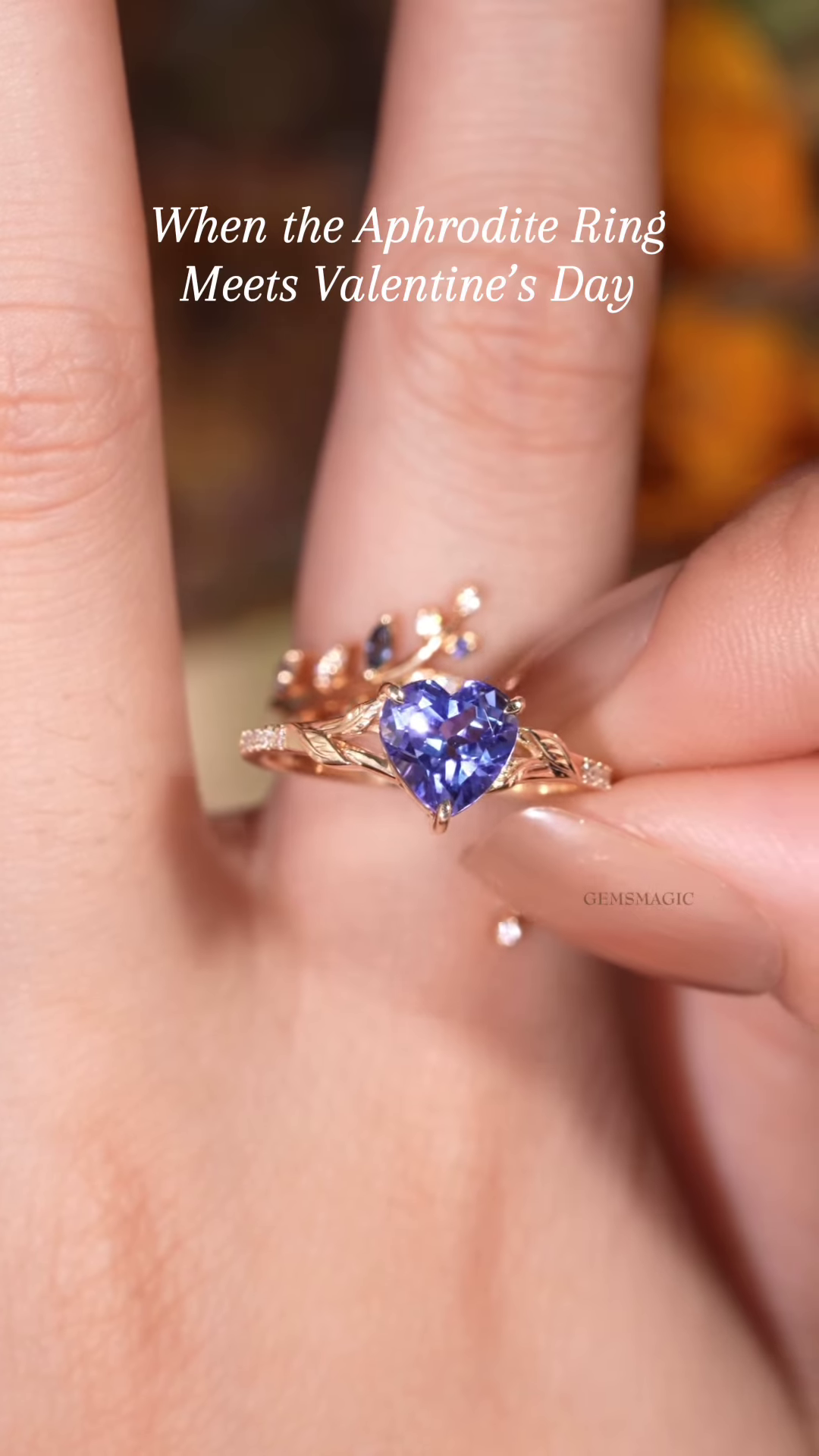 Gemsmagic Aphrodite Ring: Heart-Shaped Tanzanite and Leaf Vine Ring - Image 2