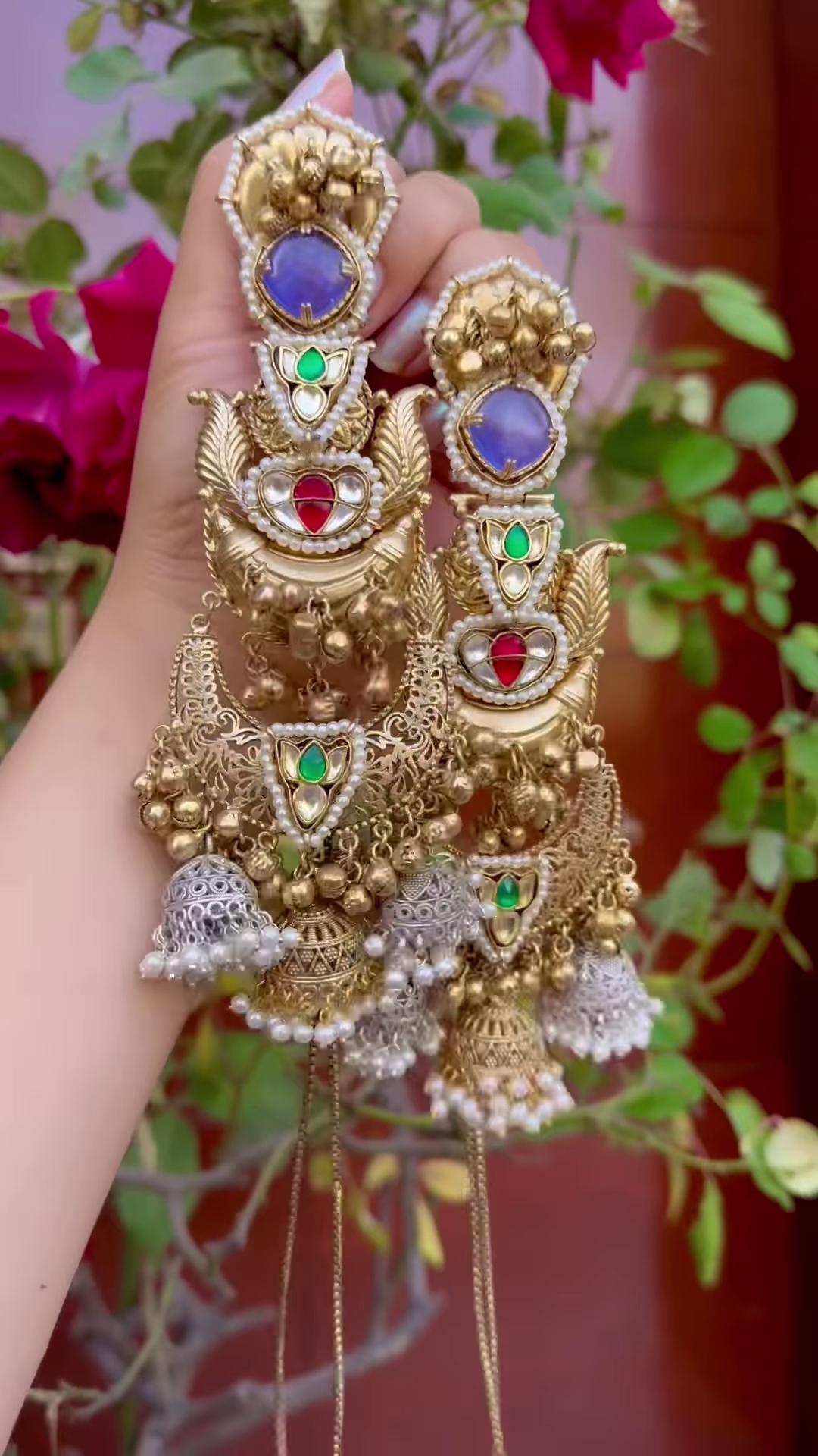 Elaborate Gold-Toned Chandbali Jhumka Earrings with Gemstones and Kashmiri Chains - Image 2