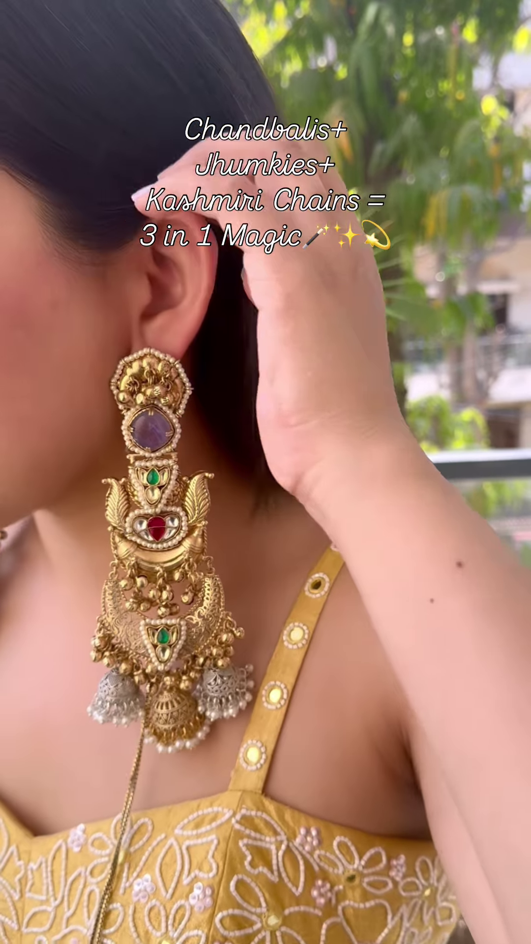Elaborate Gold-Toned Chandbali Jhumka Earrings with Gemstones and Kashmiri Chains