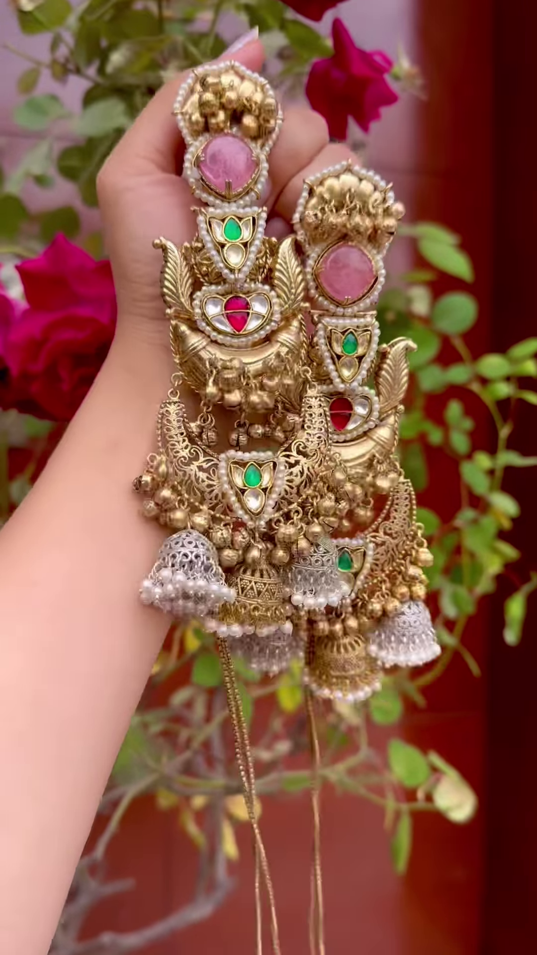 Elaborate Gold-Toned Chandbali Jhumka Earrings with Gemstones and Kashmiri Chains - Image 3