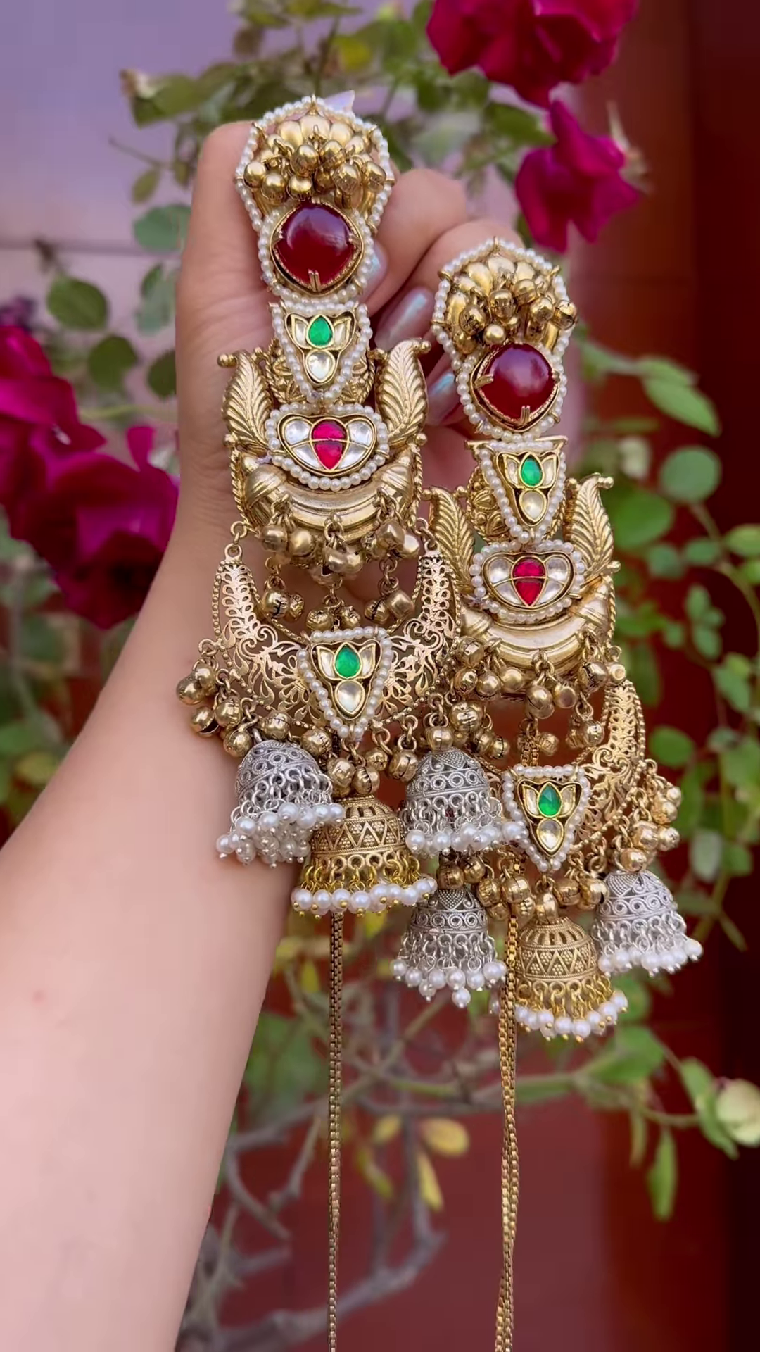 Elaborate Gold-Toned Chandbali Jhumka Earrings with Gemstones and Kashmiri Chains - Image 4
