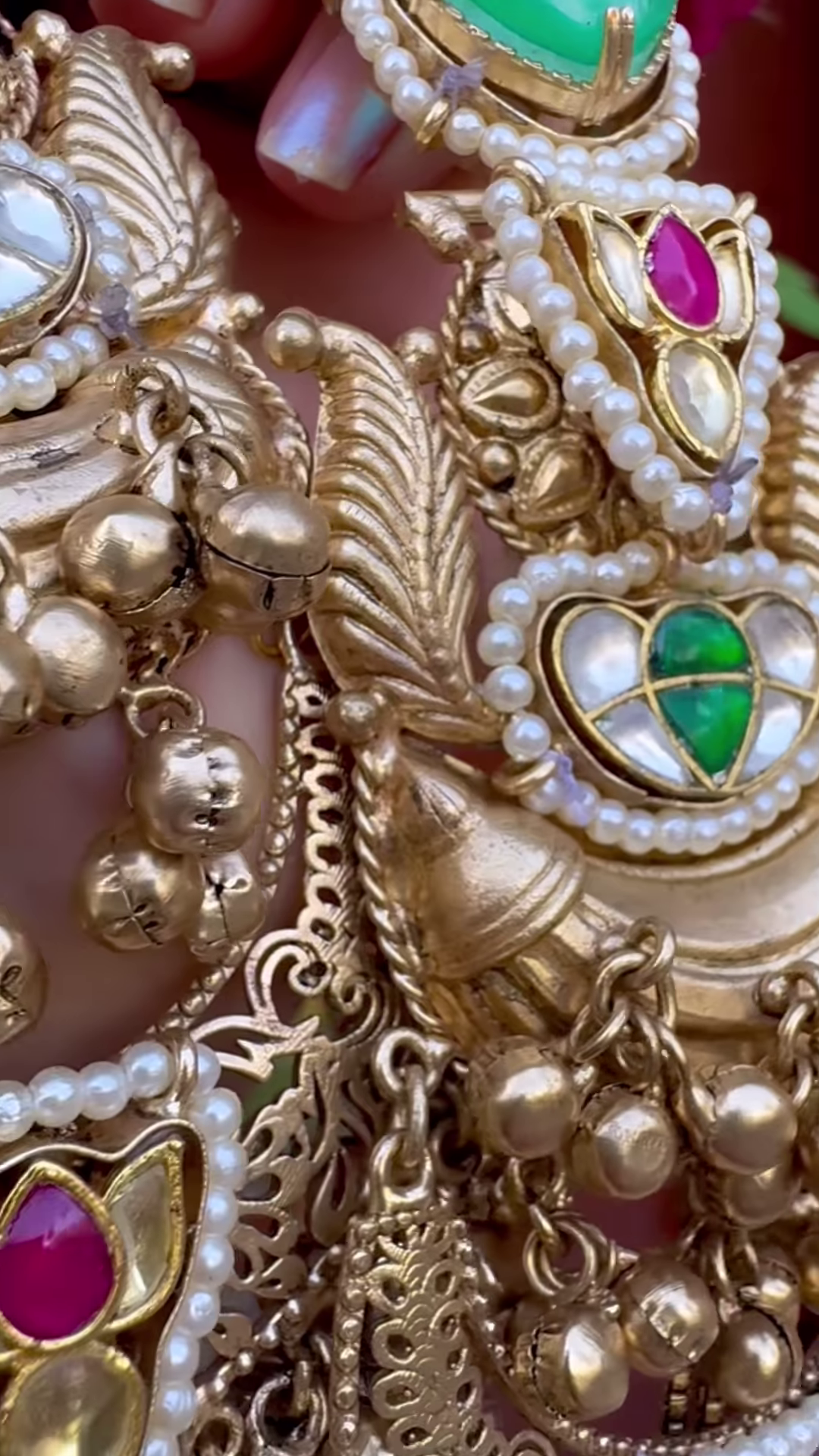 Elaborate Gold-Toned Chandbali Jhumka Earrings with Gemstones and Kashmiri Chains - Image 5