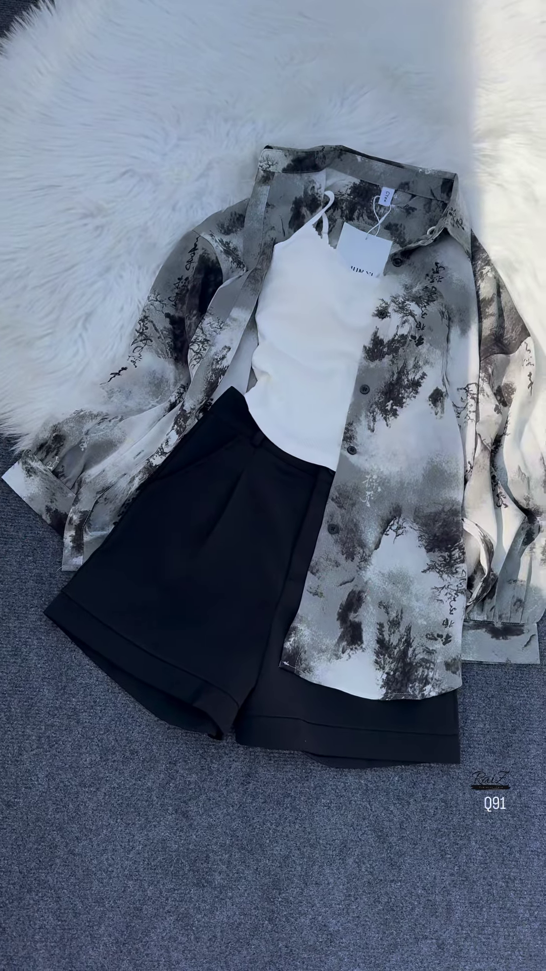 Floral Print Long-Sleeved Shirt with Tank Top and High-Waisted Shorts Set - Image 4