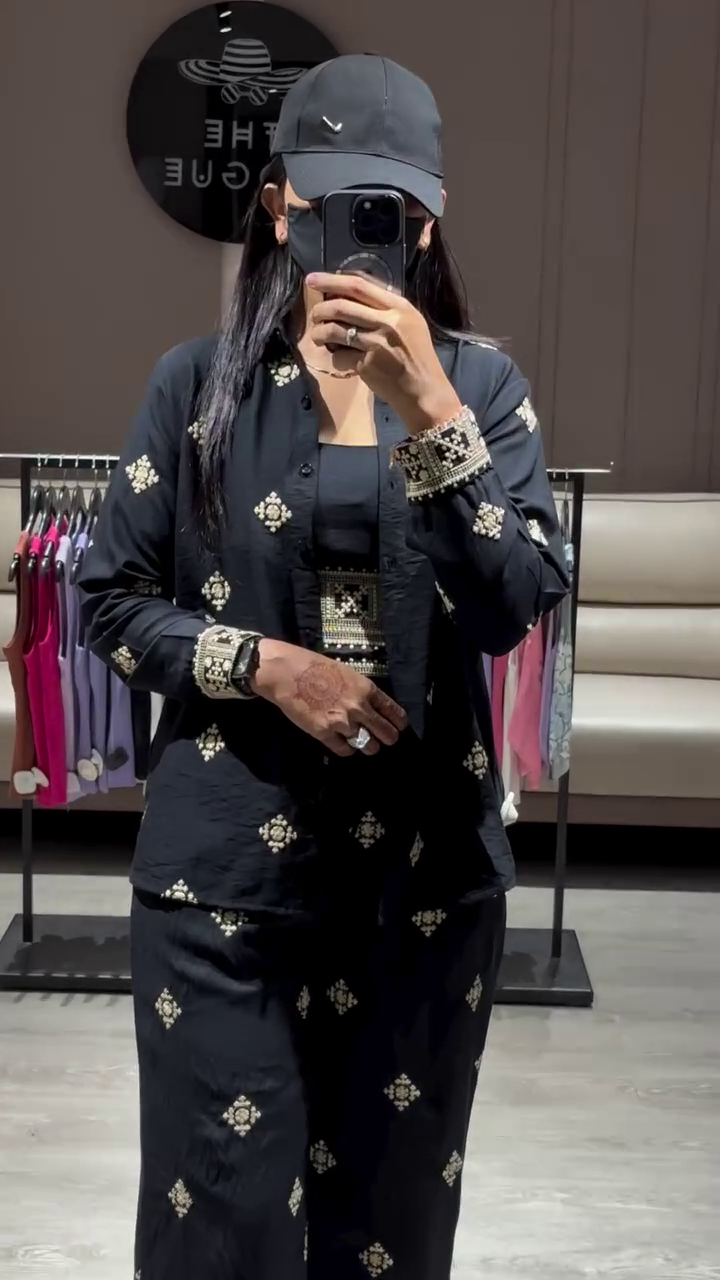 Elegant Black Embroidered Three-Piece Kurta Set with Long Jacket