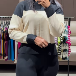 Color Block Knit Sweater and Comfortable Black Pants Lounge Set