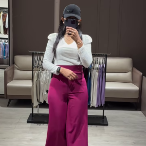 Elegant Ruched Sleeve Top with Deep V-Neck and High-Waisted Wide-Leg Pants