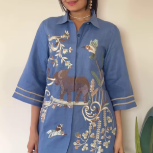 Artisanal Embroidered Linen Blend Shirt and Pants Set with Animal Motifs