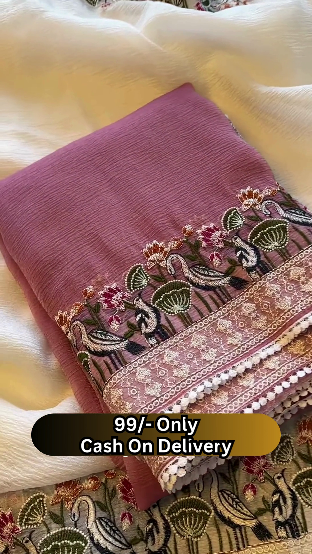 Elegant Off-White Saree with Floral and Bird Embroidered Border - Image 4