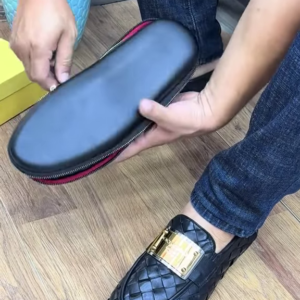 Men's Woven Leather Loafers with Decorative Metal Buckle