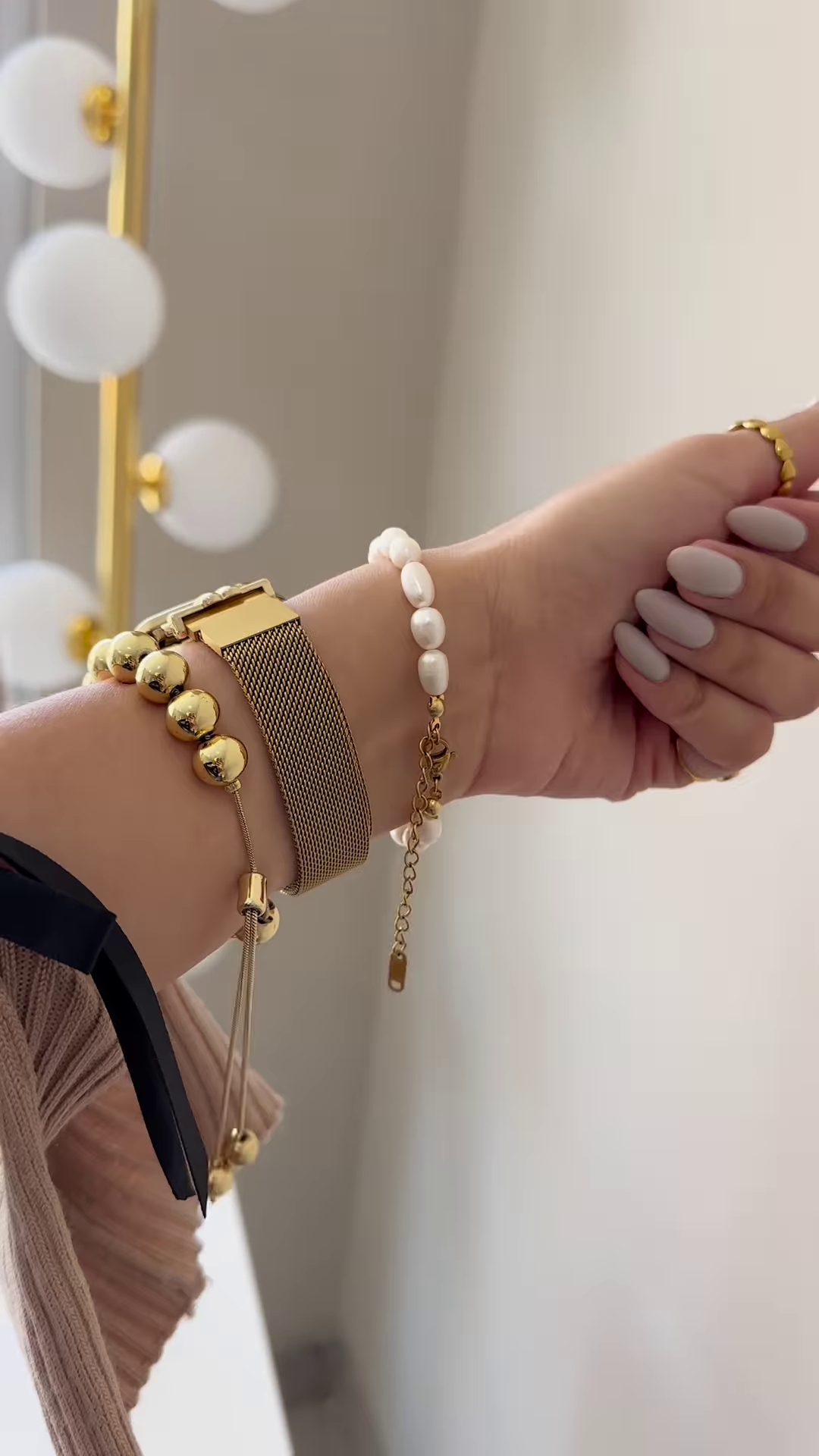 Layered Bracelet Set with Mesh Band, Spherical Beads, and Freshwater Pearls - Image 2