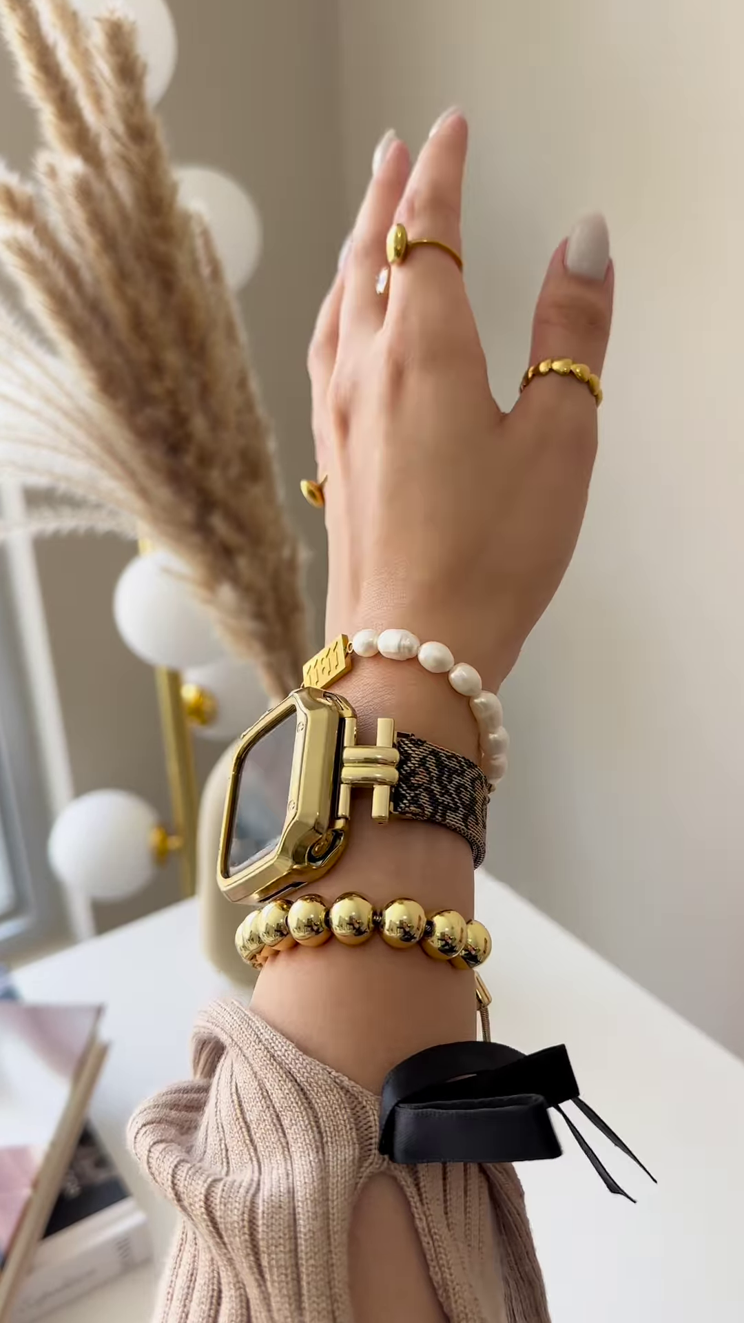 Layered Bracelet Set with Mesh Band, Spherical Beads, and Freshwater Pearls - Image 3