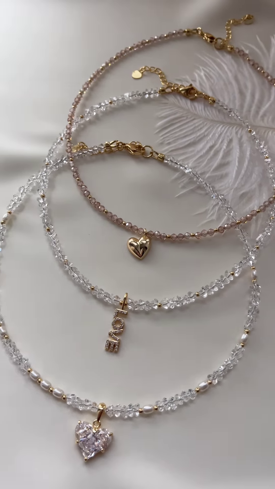 Delicate Layered Crystal Beaded Necklace Set with Charm Pendants