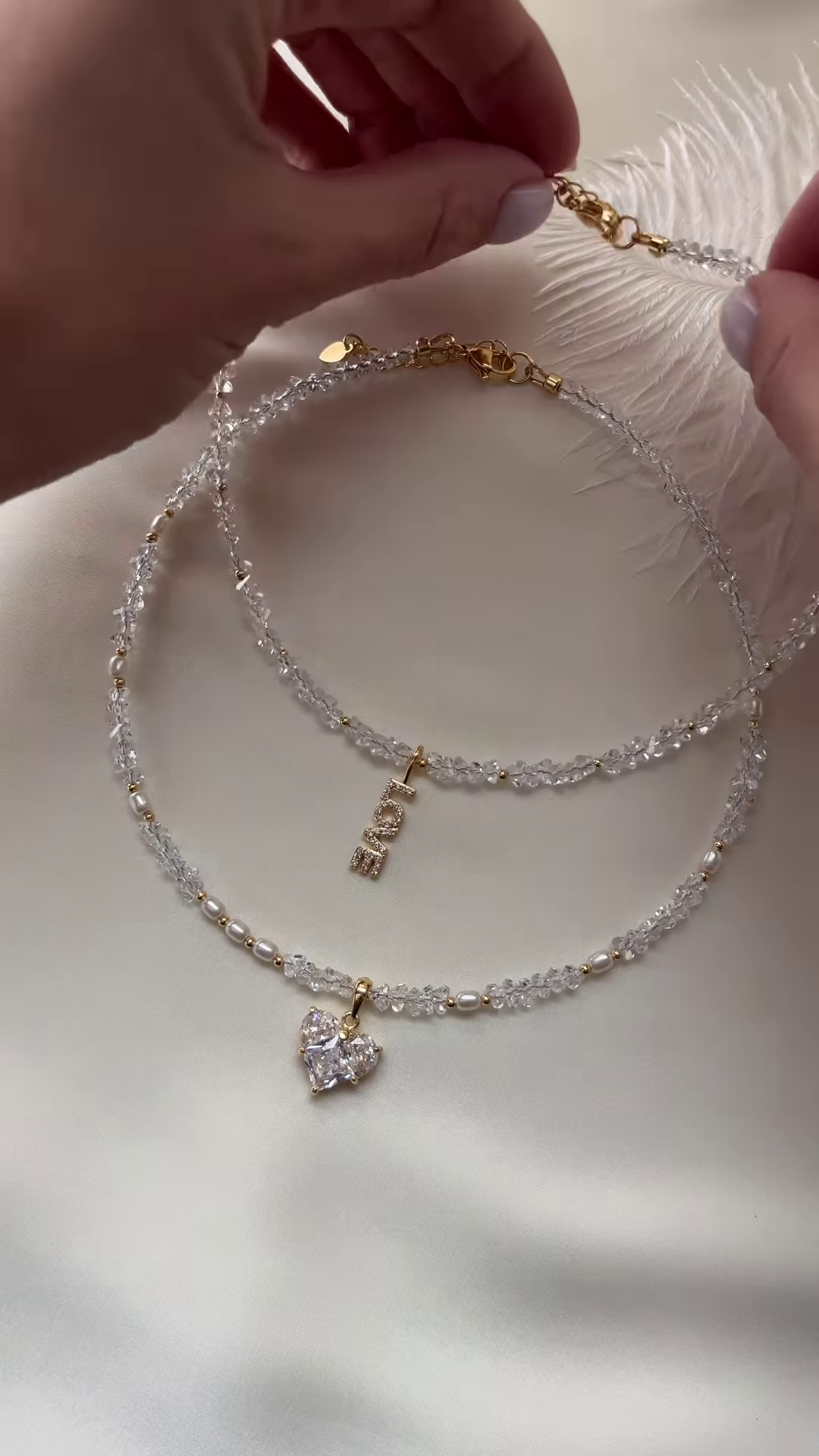 Delicate Layered Crystal Beaded Necklace Set with Charm Pendants - Image 2