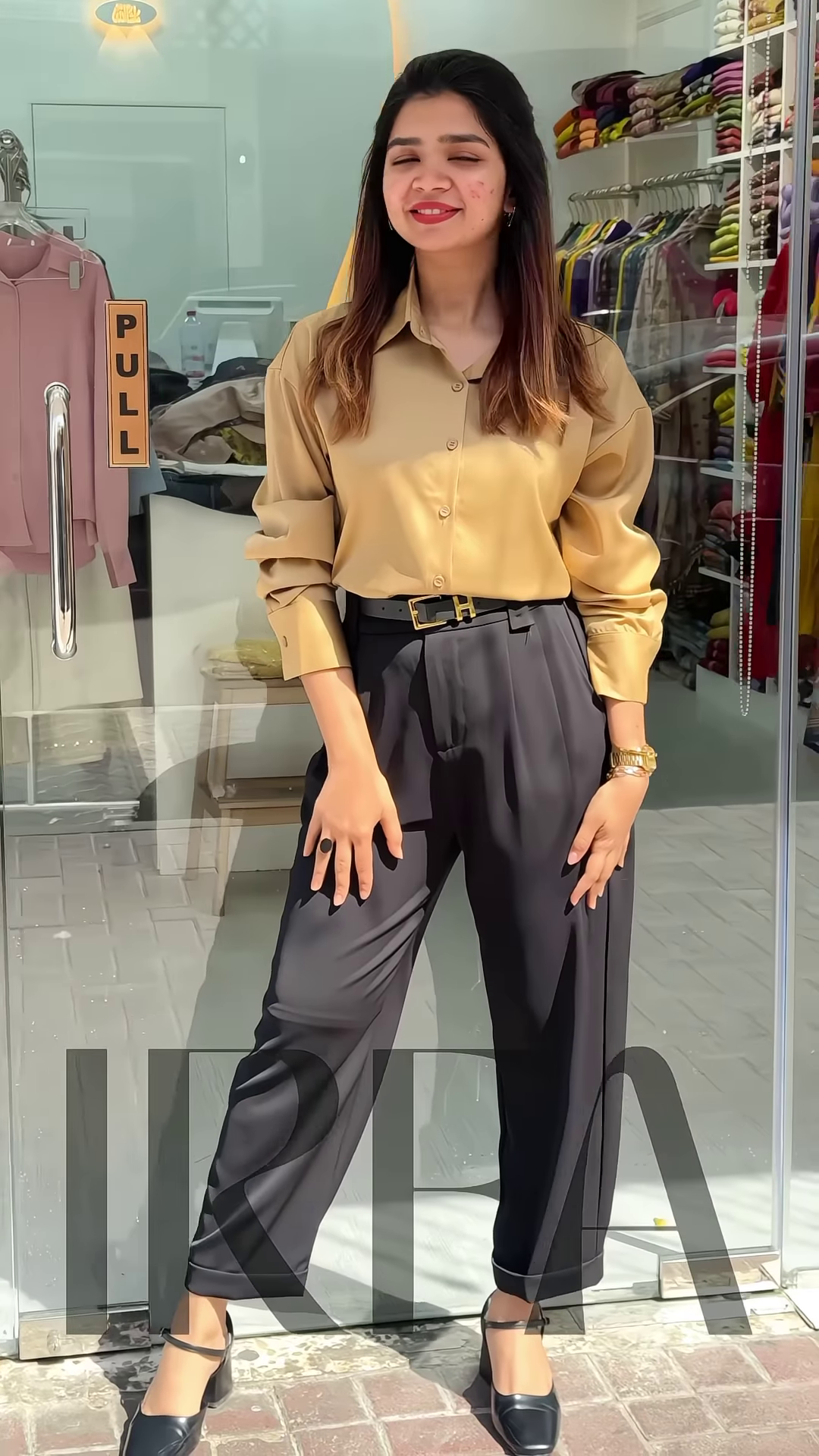 Chic High-Waisted Pleated Palazzo Pants with Button-Down Top - Image 4